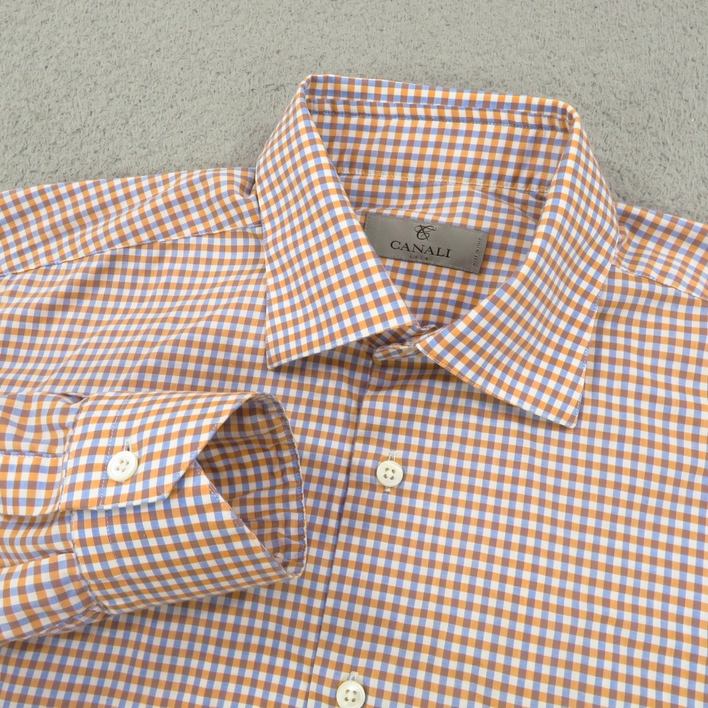 Canali 1934 Mens 16 Orange Blue Gingham Plaid Cotton LS Button Up Dress Shirt